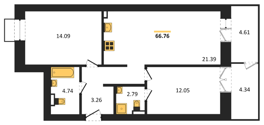 Планировка: 2-комн., 66,8 м²