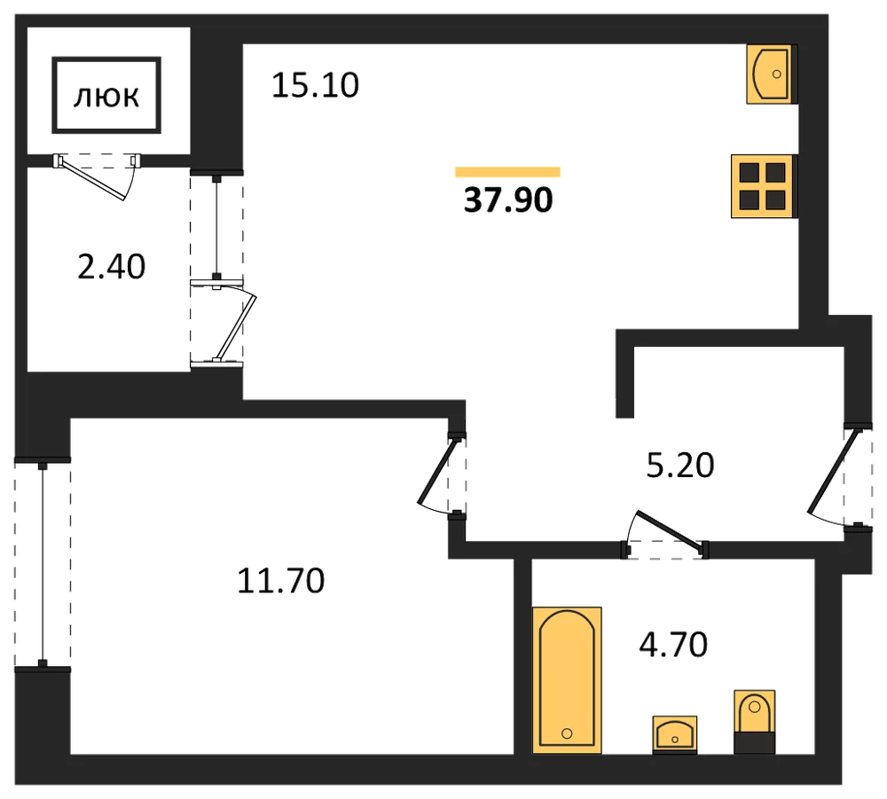 Планировка: 1-комн., 38 м²
