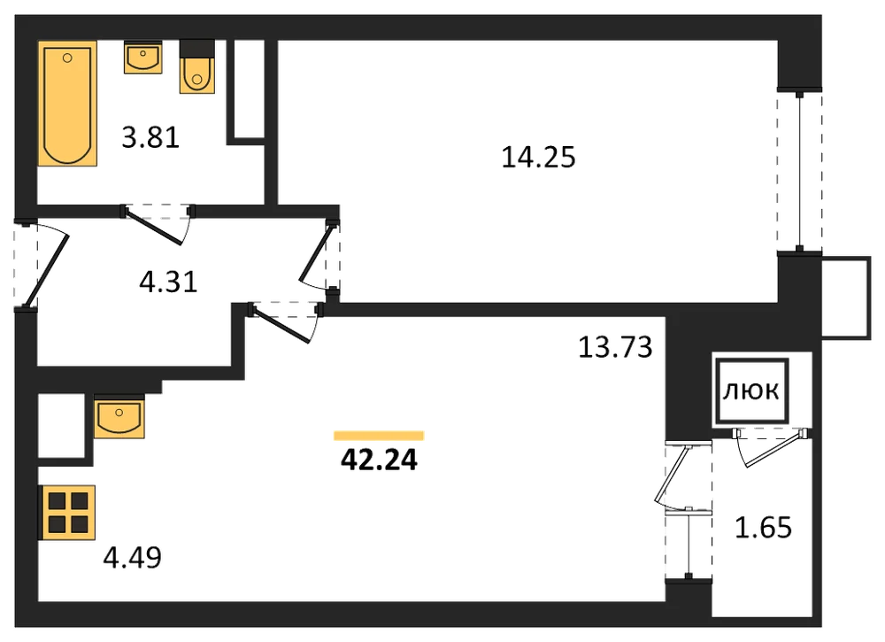 Планировка: 1-комн., 42,2 м²