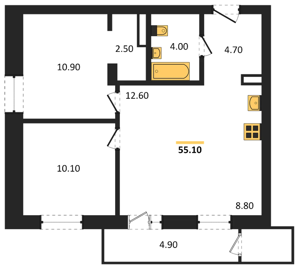 Планировка: 2-комн., 55,1 м²
