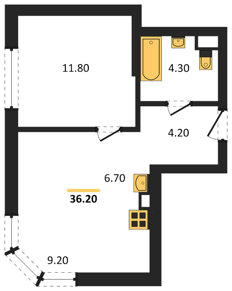 Планировка: 1-комн., 36,2 м²