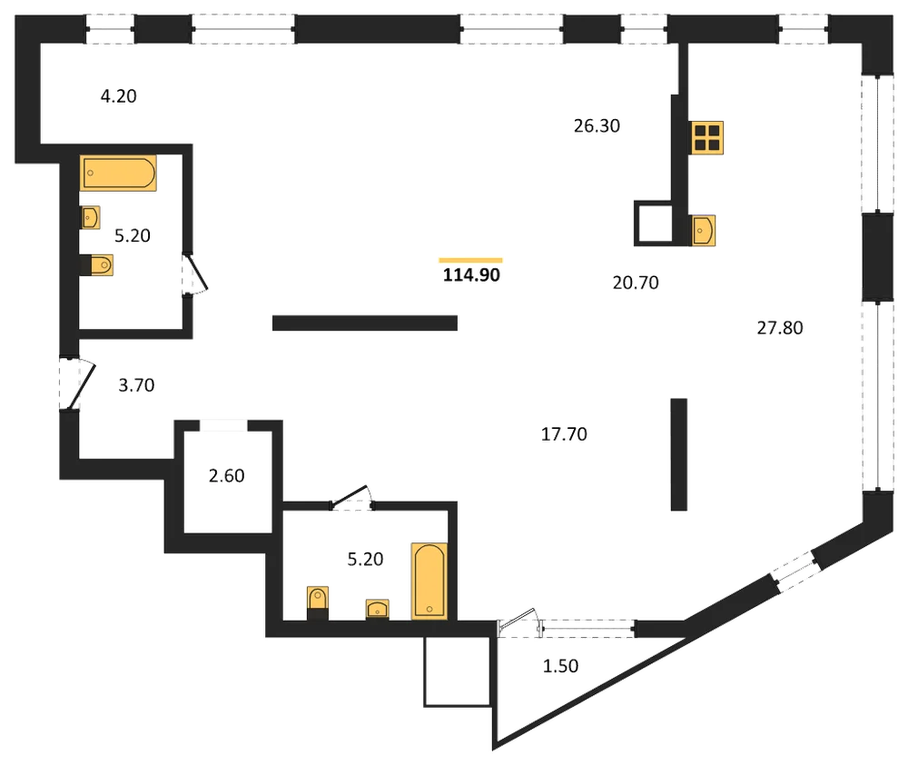 Планировка: Студия, 114,9 м²