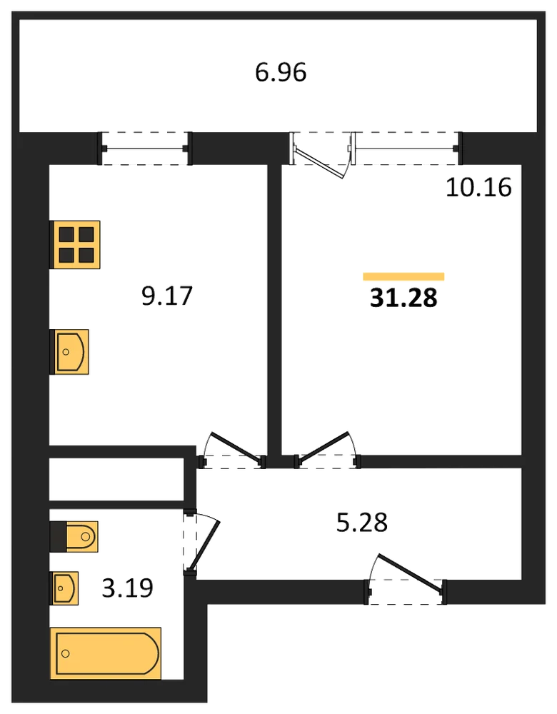 Планировка: 1-комн., 31,3 м²