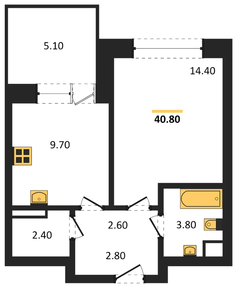 Планировка: 1-комн., 40,8 м²