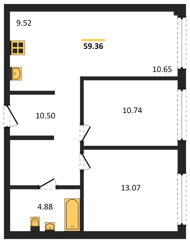 Планировка: 2-комн., 59,3 м²