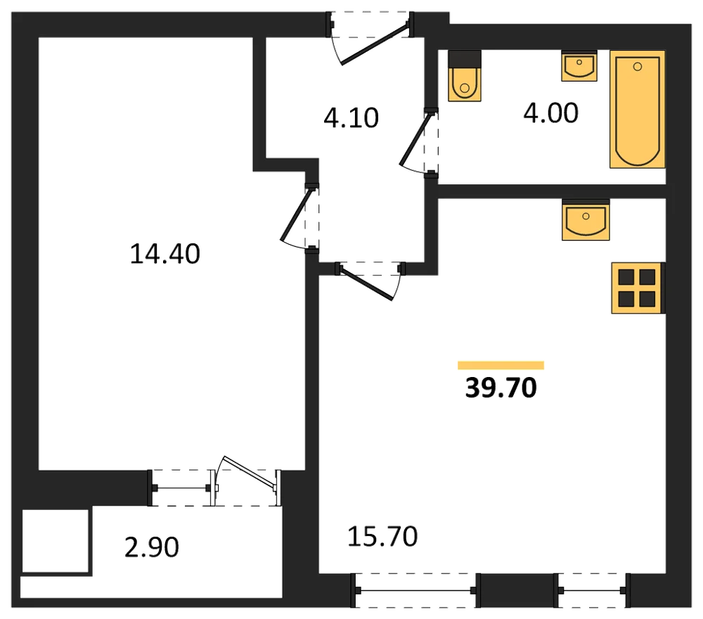 Планировка: 1-комн., 39,7 м²