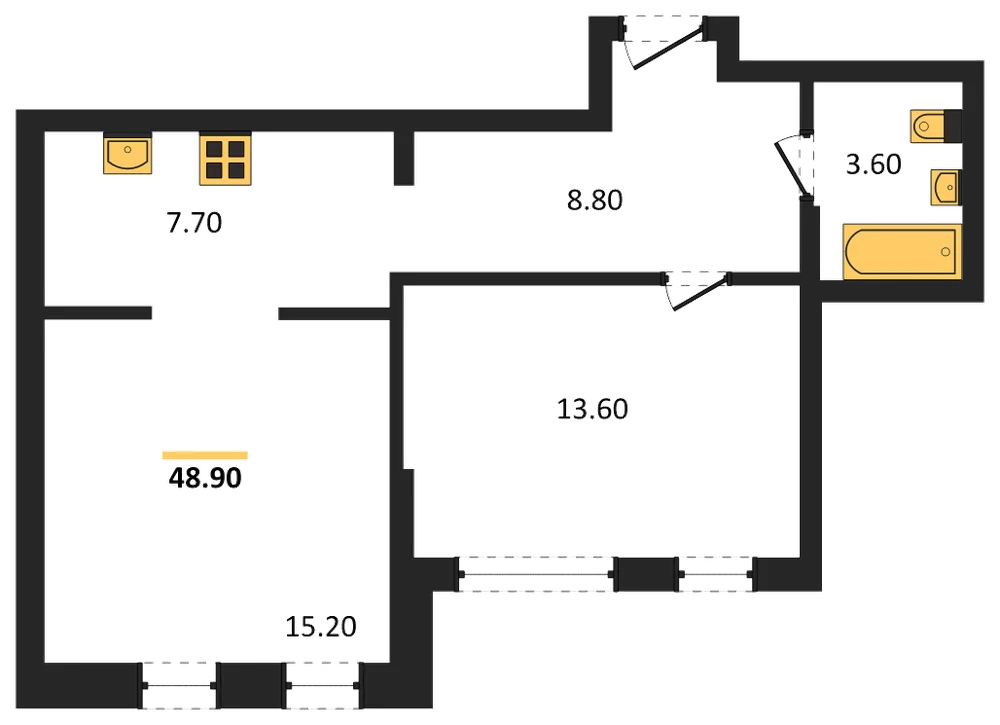 Планировка: 1-комн., 48,9 м²