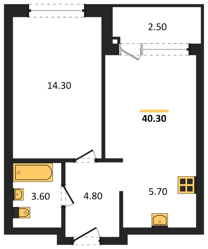 Планировка: 1-комн., 40,3 м²