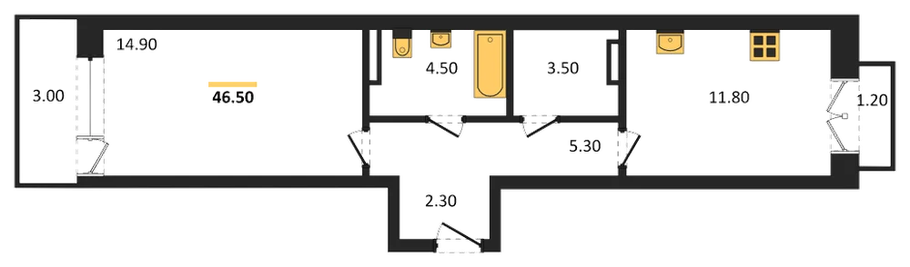 Планировка: 1-комн., 46,5 м²