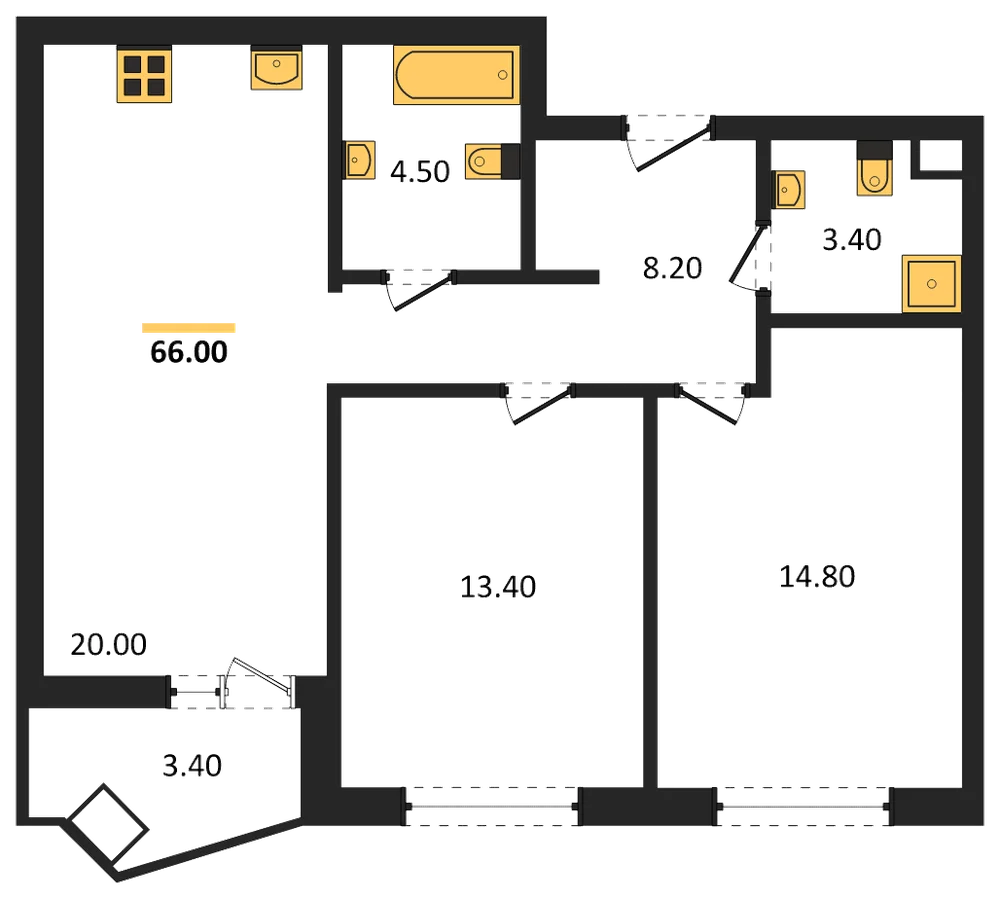 Планировка: 2-комн., 66 м²