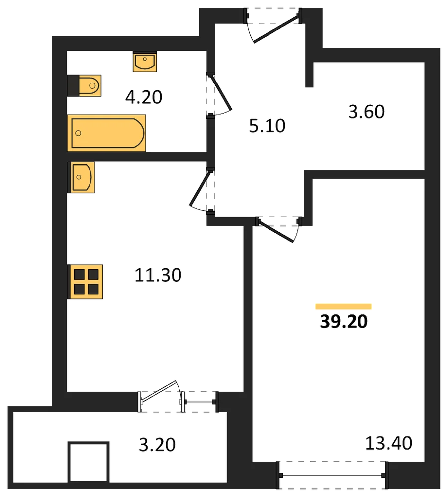 Планировка: 1-комн., 39,2 м²