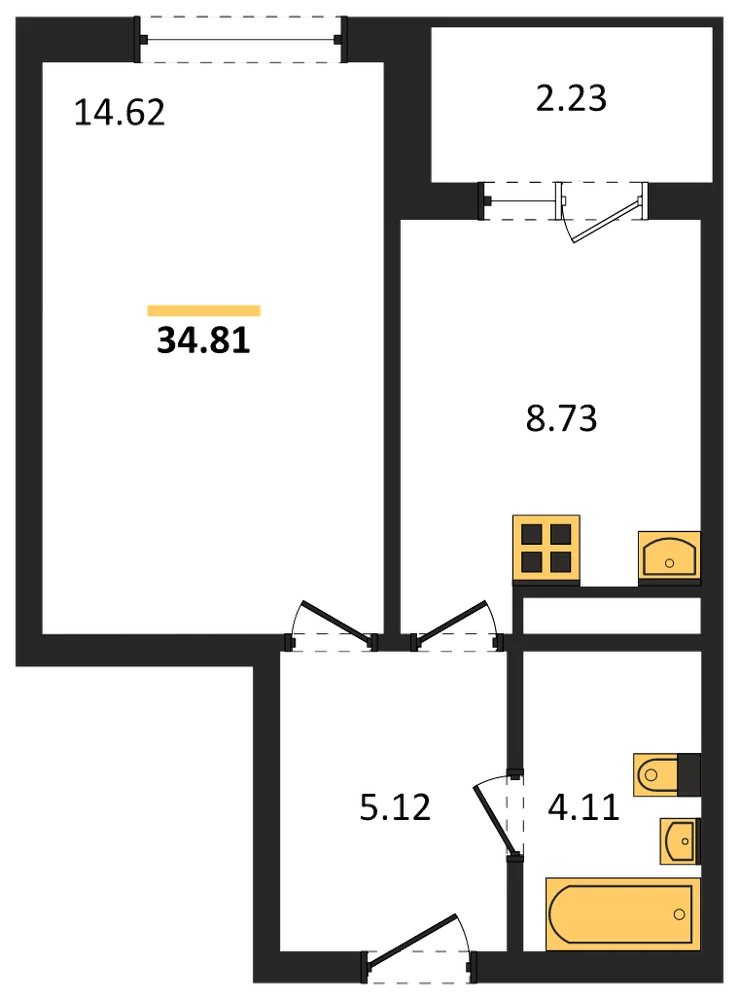Планировка: 1-комн., 34,8 м²