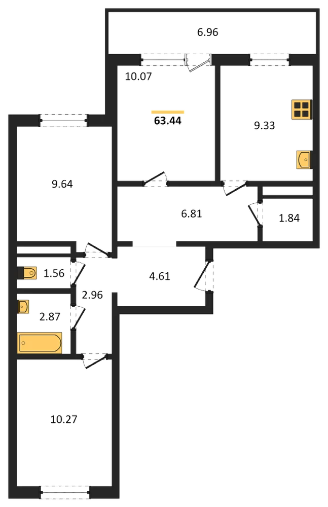 Планировка: 3-комн., 63,4 м²