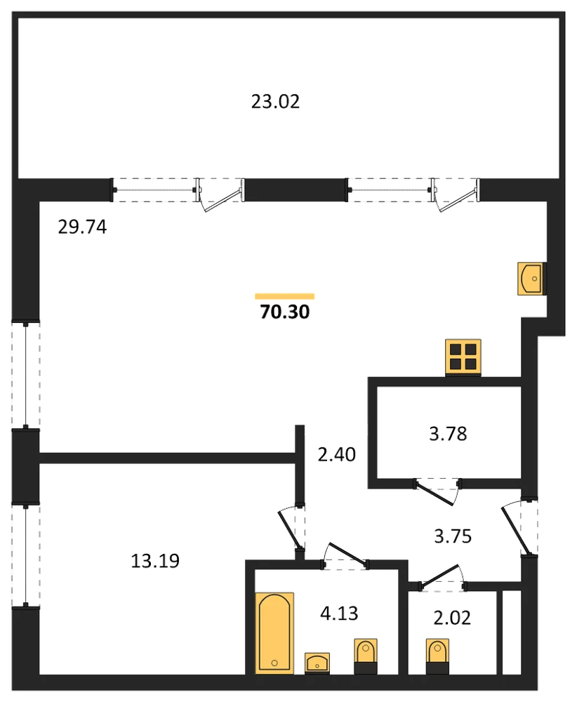 Планировка: 1-комн., 69,9 м²