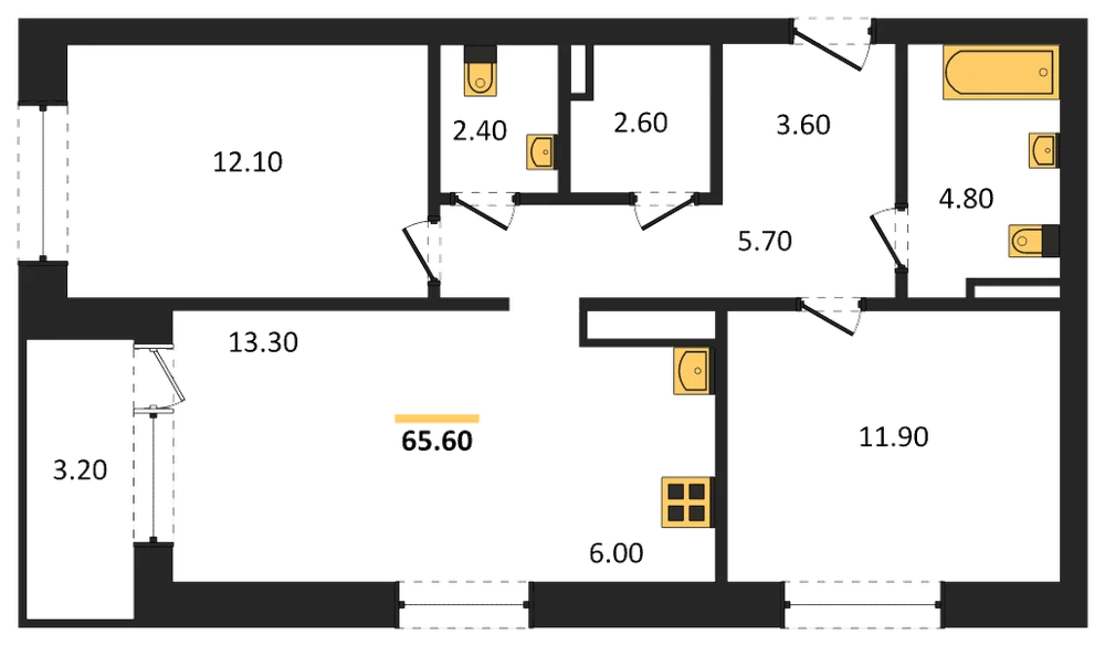 Планировка: 2-комн., 65,6 м²