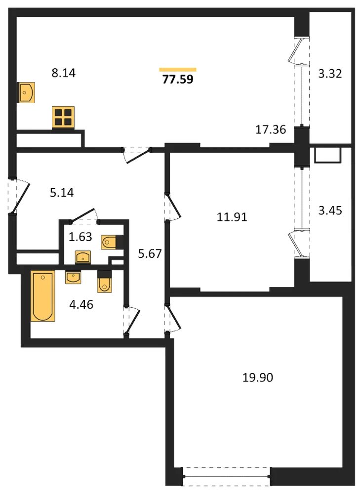 Планировка: 2-комн., 77,6 м²