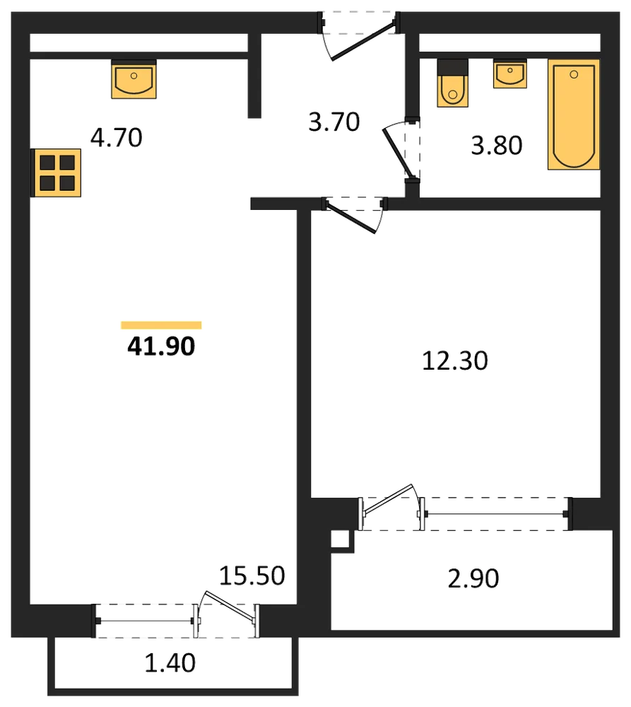 Планировка: 1-комн., 41,9 м²