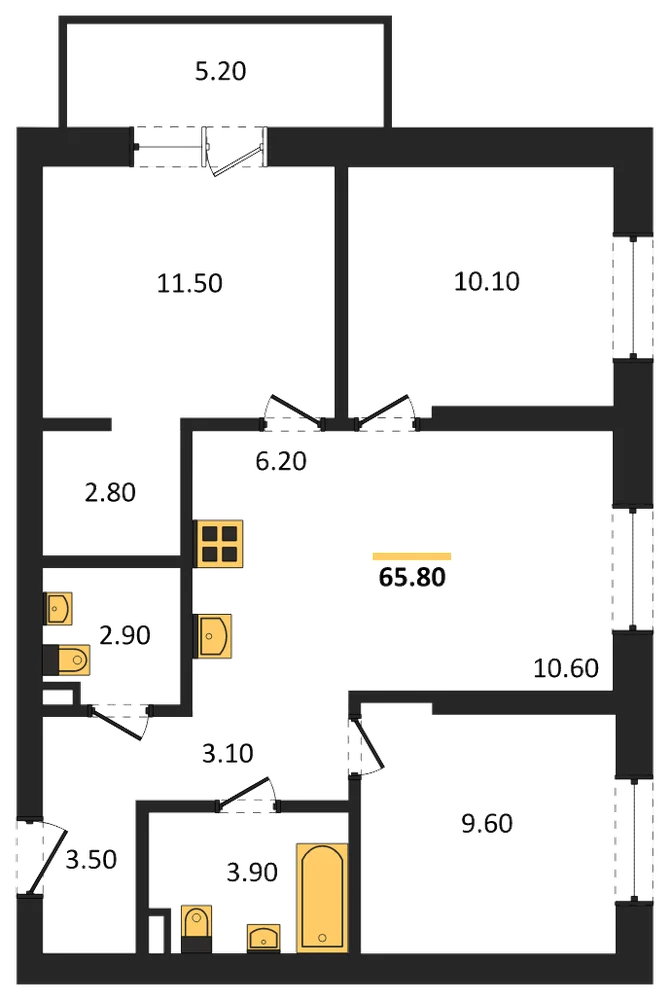 Планировка: 3-комн., 65,8 м²