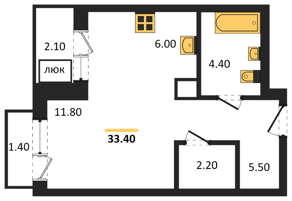 Планировка: Студия, 33,4 м²