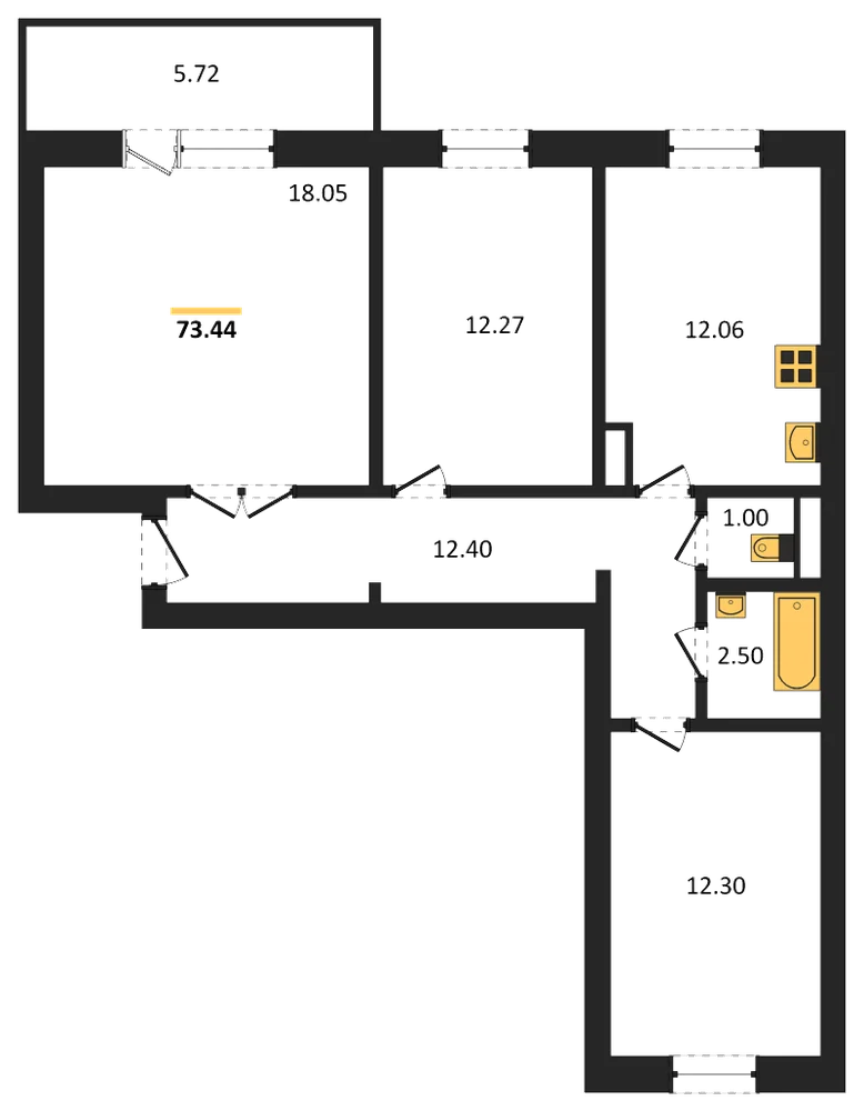 Планировка: 3-комн., 73,4 м²