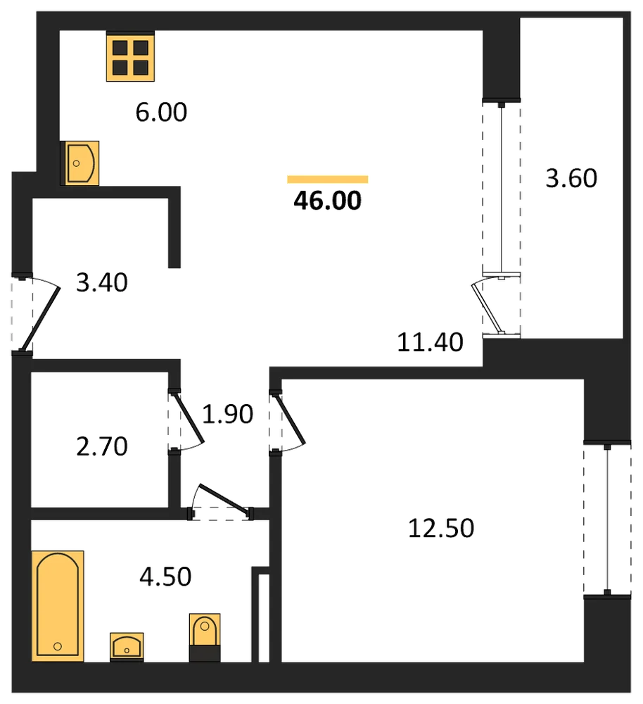 Планировка: 1-комн., 46 м²