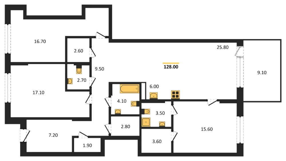 Планировка: 3-комн., 128,2 м²