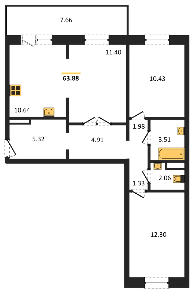 Планировка: 2-комн., 63,5 м²