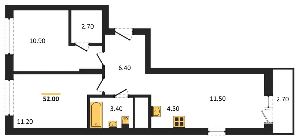 Планировка: 2-комн., 52 м²