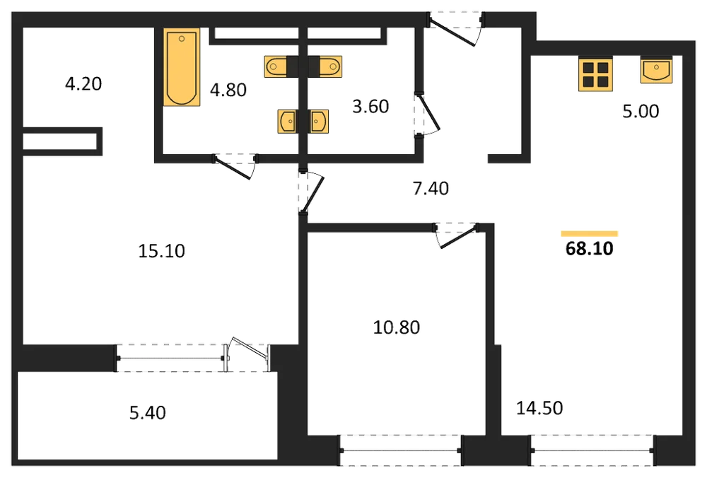 Планировка: 2-комн., 68,1 м²