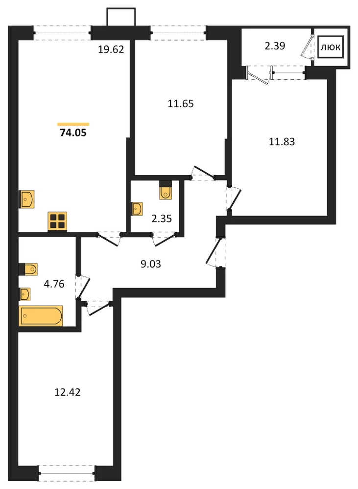 Планировка: 3-комн., 74,1 м²