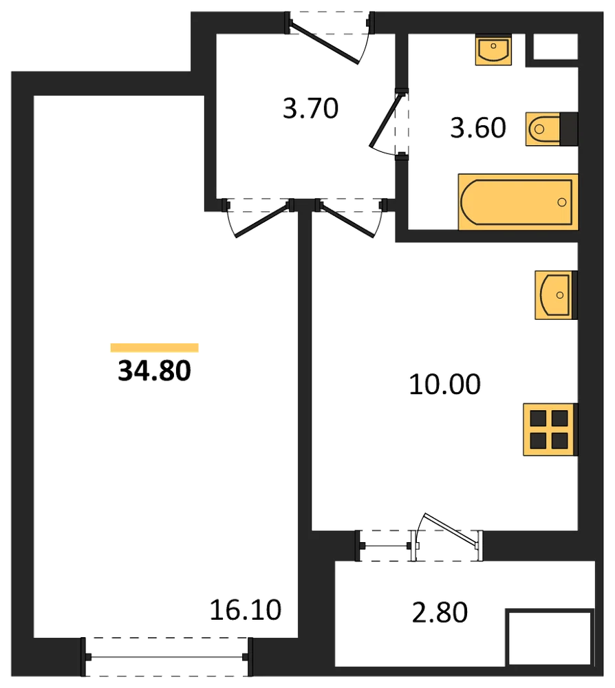 Планировка: 1-комн., 34,3 м²
