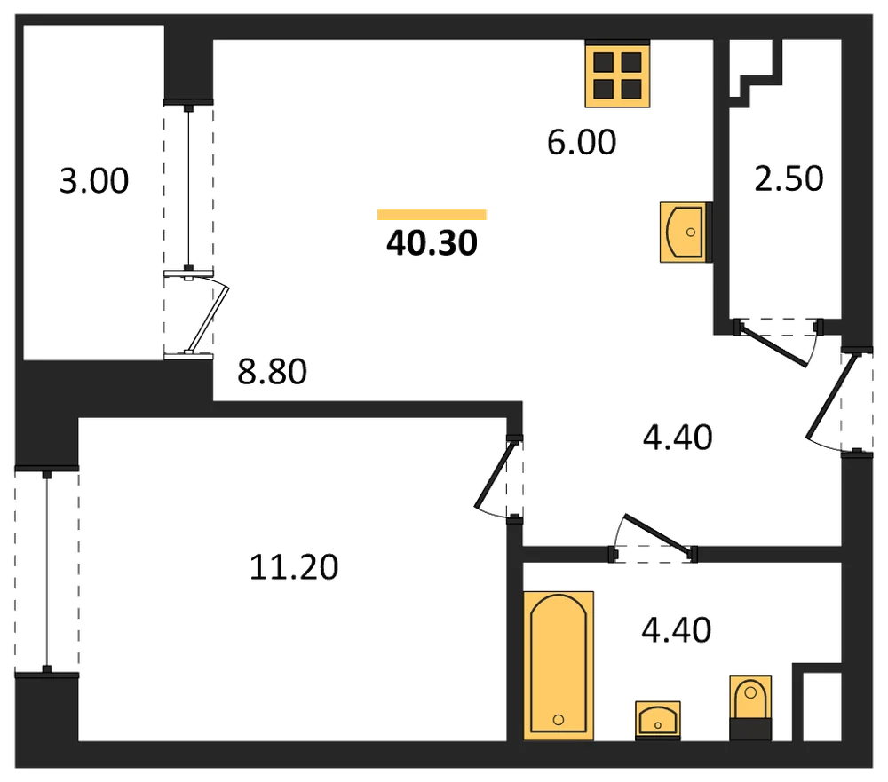 Планировка: 1-комн., 40,3 м²