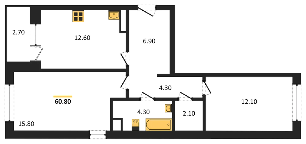 Планировка: 2-комн., 60,8 м²