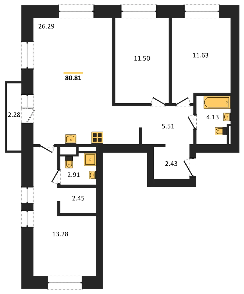 Планировка: 3-комн., 80,8 м²
