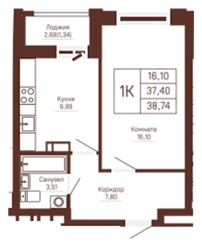 Планировка: 1-комн., 38,7 м²