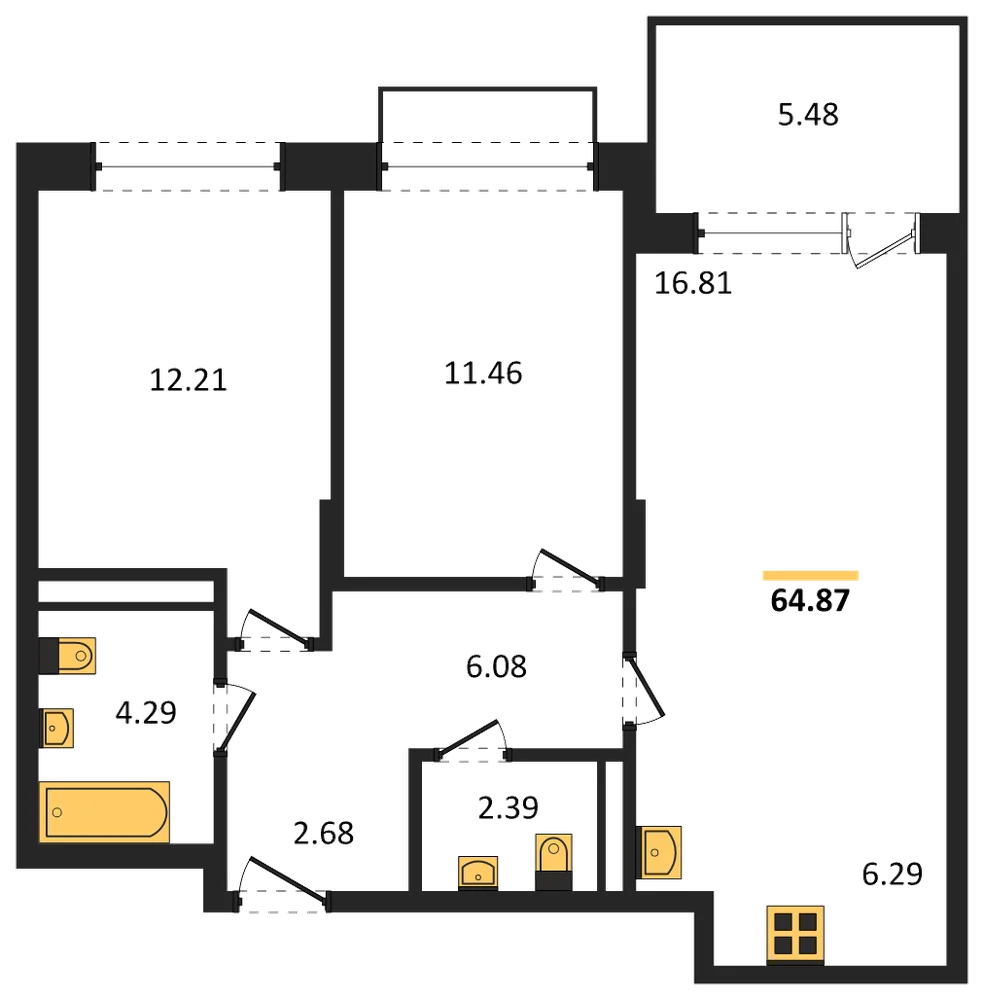 Планировка: 2-комн., 64,9 м²
