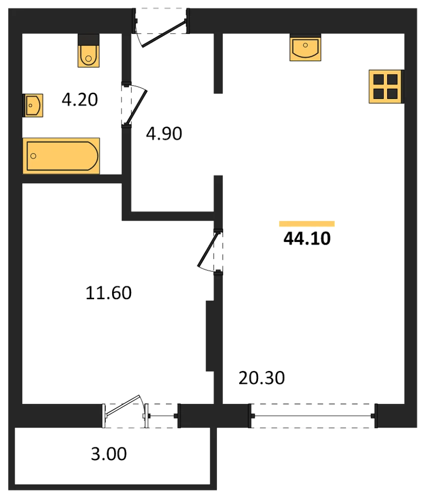 Планировка: 1-комн., 44,1 м²