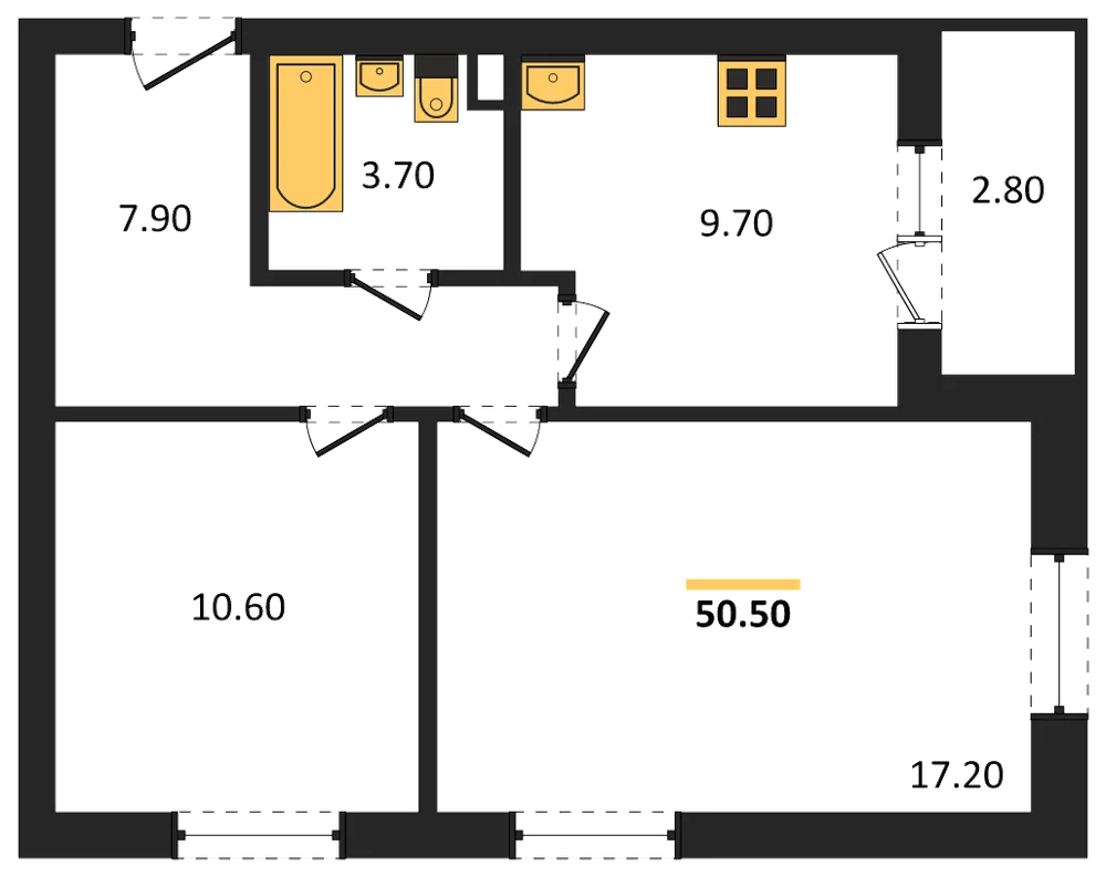 Планировка: 2-комн., 50,5 м²