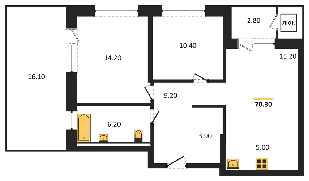 Планировка: 2-комн., 70,3 м²