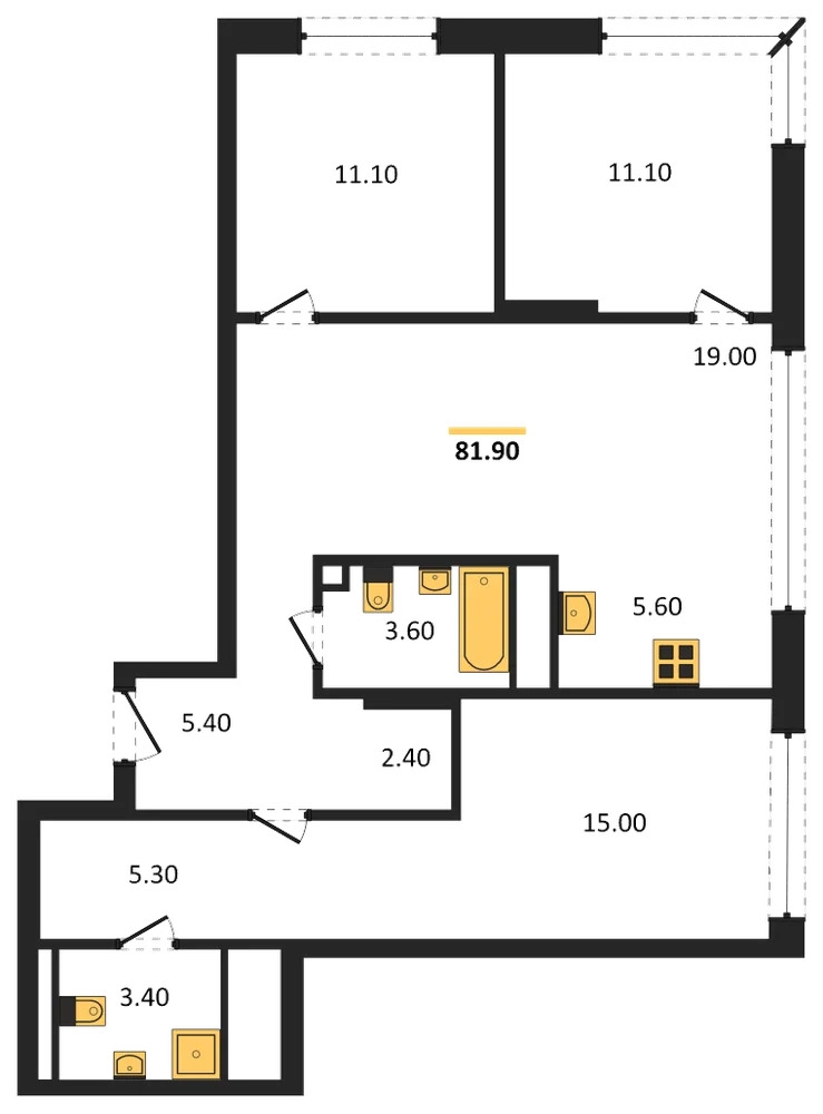 Планировка: 3-комн., 81,9 м²