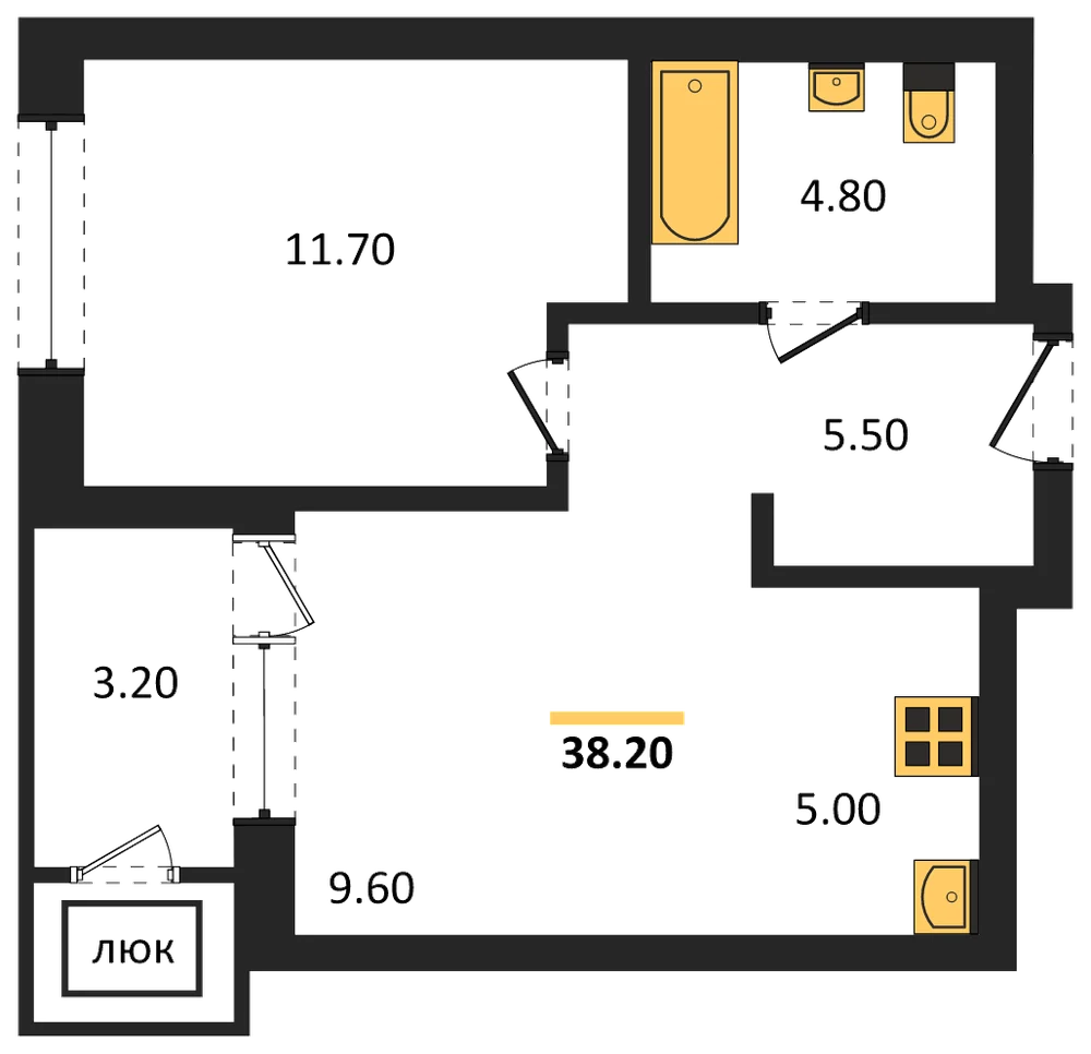Планировка: 1-комн., 38,2 м²