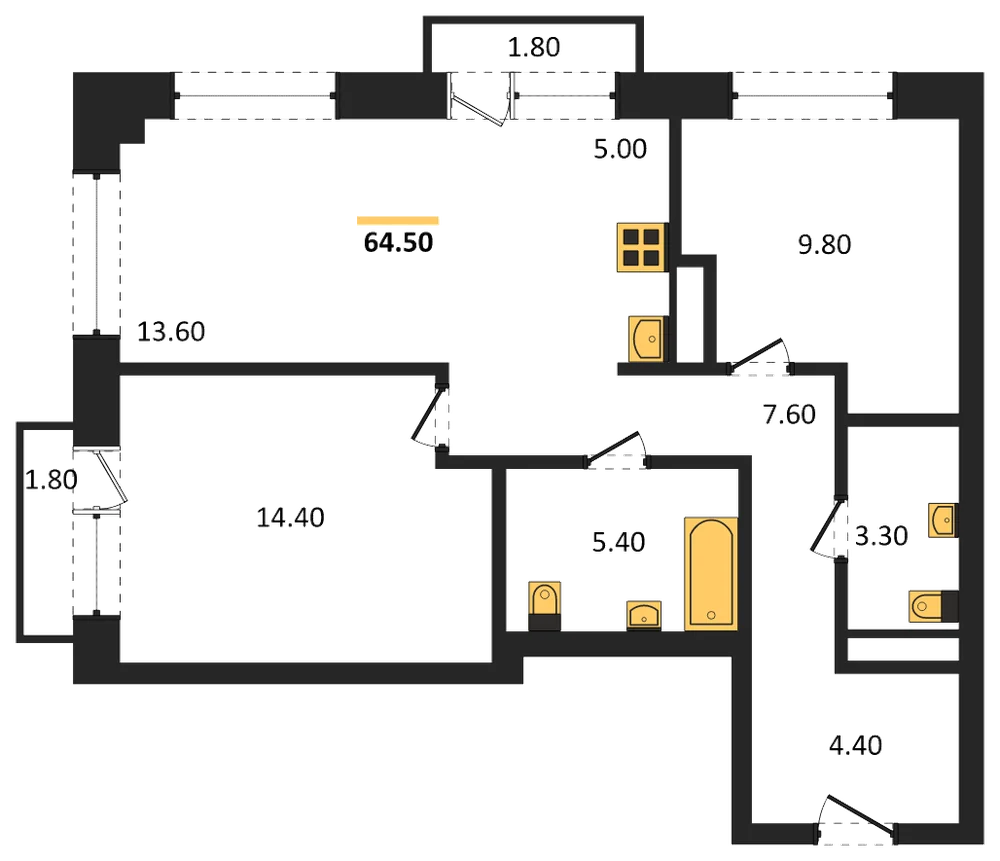 Планировка: 3-комн., 64,5 м²