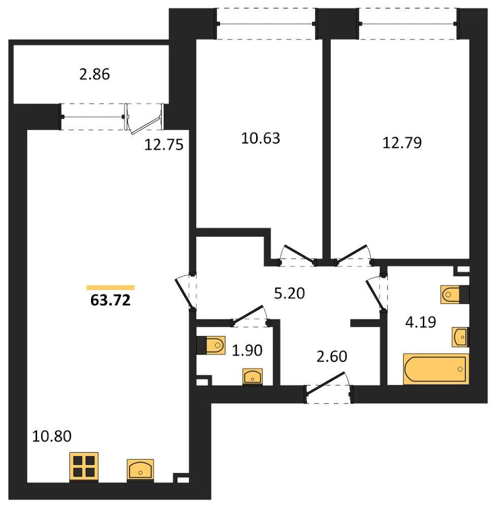 Планировка: 2-комн., 63,7 м²