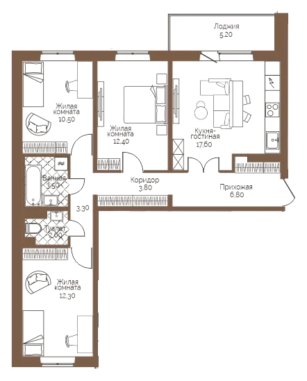 Планировка: 3-комн., 74,8 м²
