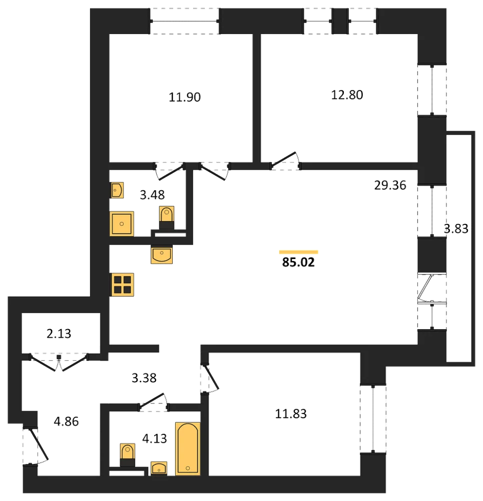 Планировка: 3-комн., 85 м²