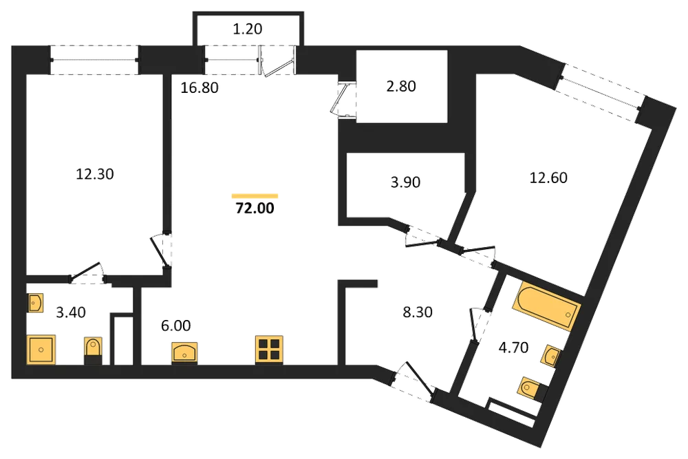 Планировка: 2-комн., 72 м²