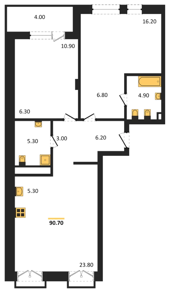 Планировка: 3-комн., 91,6 м²