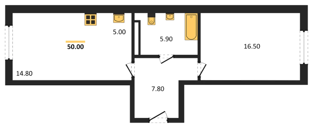 Планировка: 1-комн., 50 м²