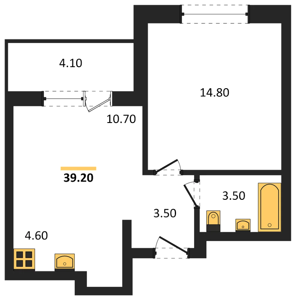 Планировка: 1-комн., 39,2 м²