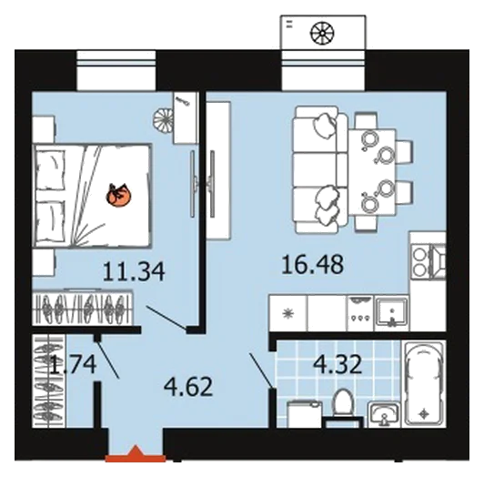 Планировка: 1-комн., 38,5 м²